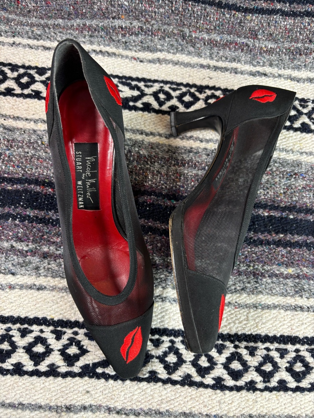 Vintage 90s Nicole Miller by Stuart Weitzman Lucky Lips Mesh Pumps Heels 7.5